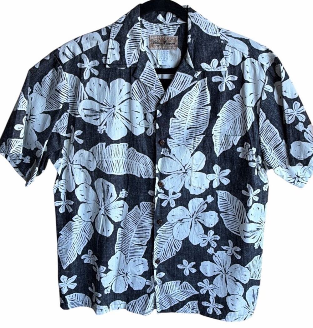 Vintage 90s Blue Hawaii Black Hawaiian Shirt Mens M USA Cotton Hibiscus Aloha